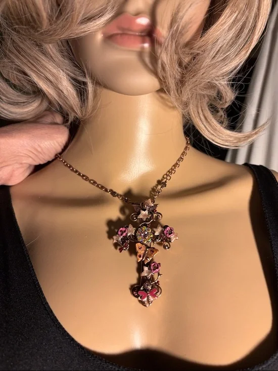 Kirks Folly Rose Gold Floral Cross Necklace with Pink Accents - Picture 1 of 7